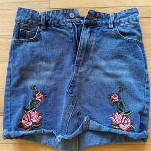 Pink rose embroidered denim skirt